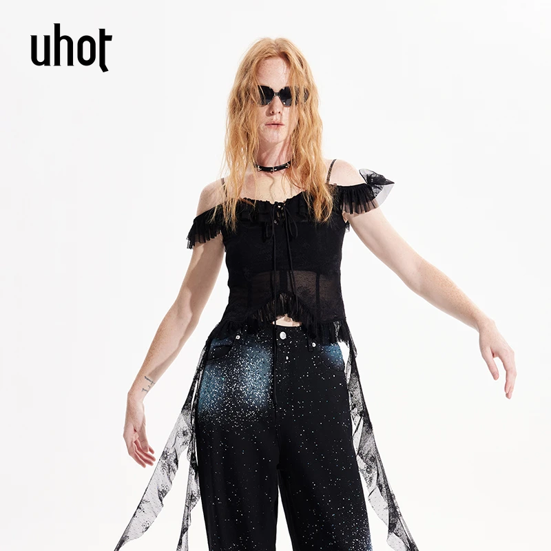 UHOT 黑色蕾丝半透荷叶边柔美性感修身上衣女25夏季新款UWWR6N353