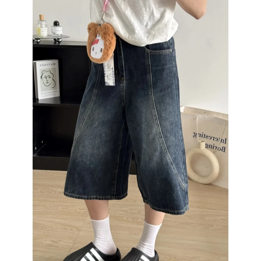 美式复古蓝设计感廓形牛仔裤女2025春夏高腰显瘦垂感七分阔腿裤子