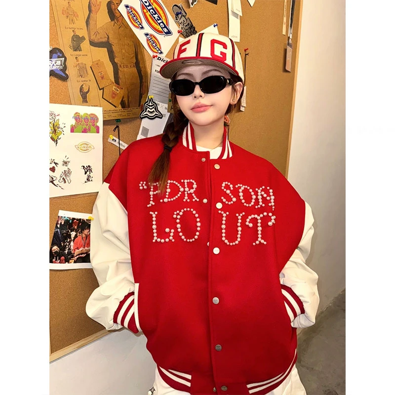 美式复古红色珍珠棒球服外套男款春秋潮牌设计高级感情侣飞行夹克