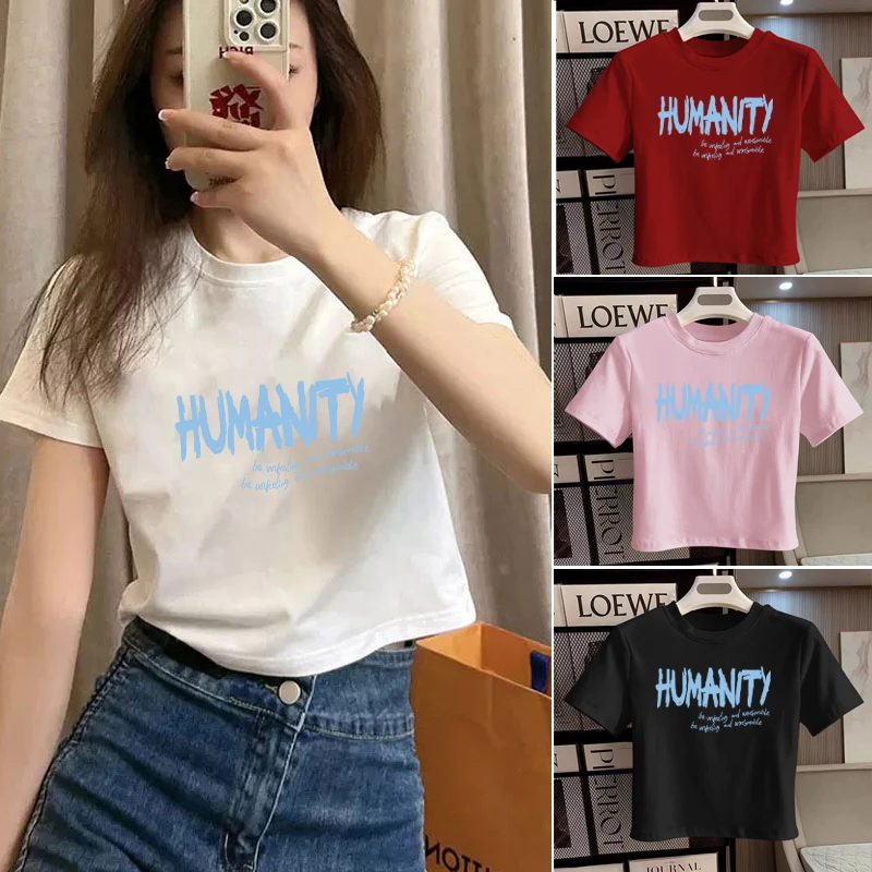 正肩短款T恤女2025夏季宽松高腰显瘦ins风纯色短袖百搭上衣小个子