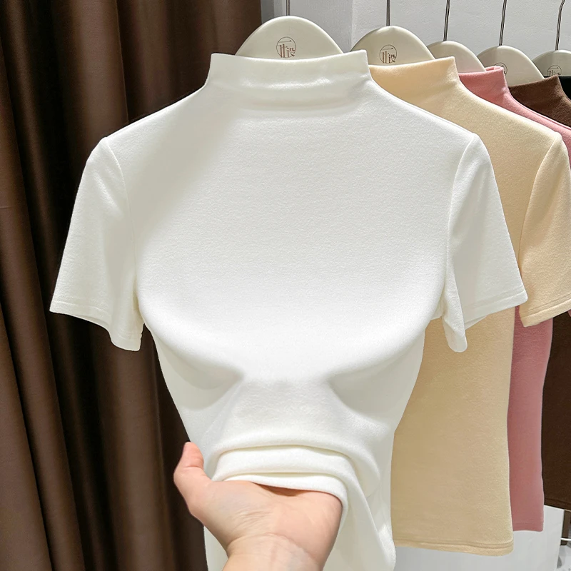 白色简约半高领德绒打底衫女款2025春季爆款内搭软糯磨毛短袖上衣