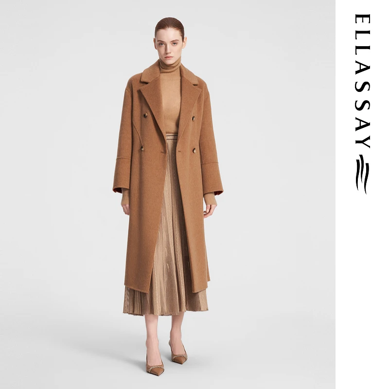 ELLASSAY歌力思秋冬新款山羊绒撞色拼接毛呢大衣女EWF354D05000
