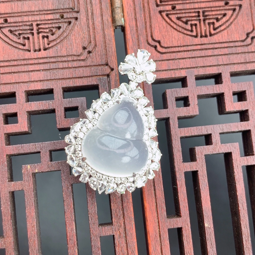 缅甸A货翡翠白冰葫芦18k金镶嵌吊坠qqT卡13.7-13.5-8.5mm