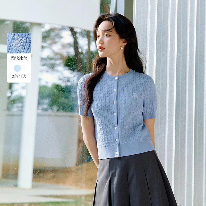 【茵曼女装】茵曼冰丝薄款麻花针织衫刺绣上衣18525474