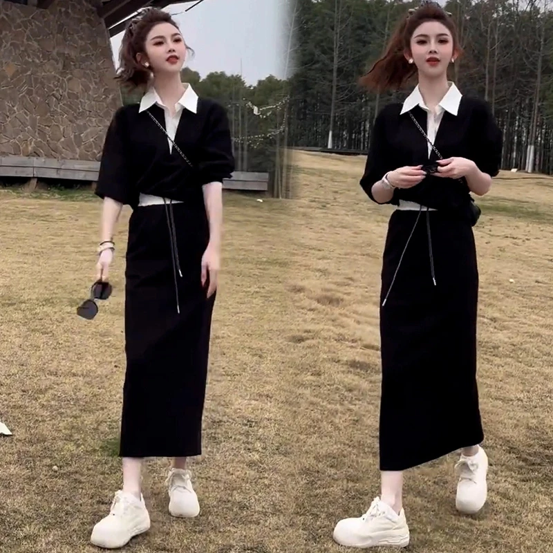 时尚休闲套装女2025春季新款洋气显瘦假两件拼色卫衣半身裙两件套