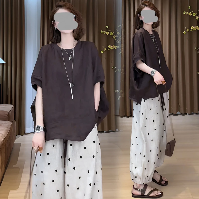 夏装搭配一整套时尚休闲咖色套头T恤女波点阔腿裤别致两件套装