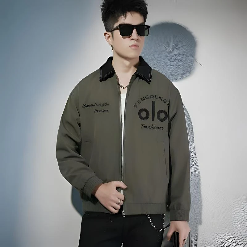 水洗秋季防风翻领休闲字母夹克男款潮流ol工装时尚日系春秋外套男