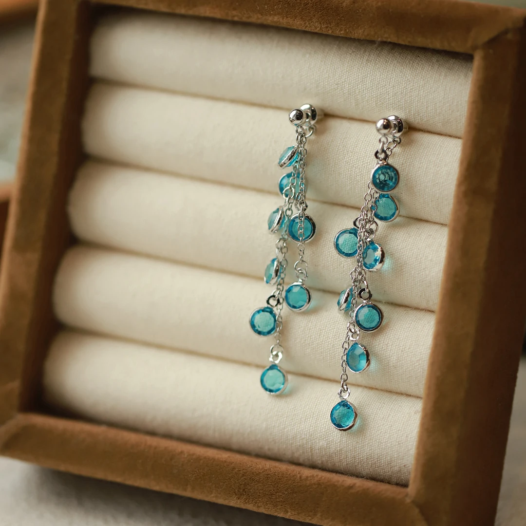 合金合成锆石耳饰 夏季两戴冰川蓝长流苏耳环欧美气质冷淡风耳钉