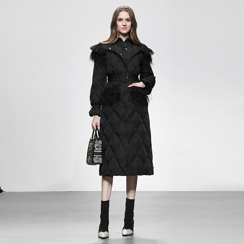 【高高甄选】达菲时尚璀璨星河连帽可拆假两件中长鹅绒DC10126031-9