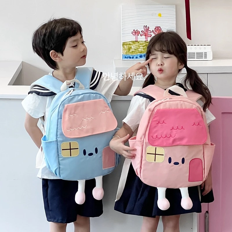 ins风小房子卡通儿童书包百搭幼儿园背包拼接色书包外出旅行小包