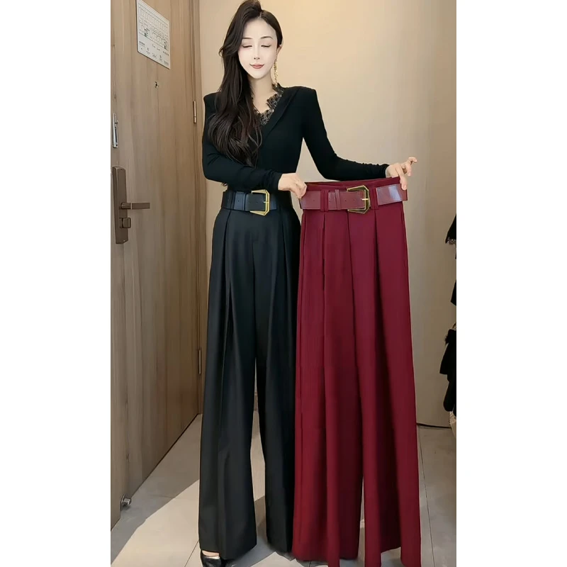 加绒加厚女士秋冬新款高腰宽松休闲花苞垂感直筒拖地毛呢阔腿裤子