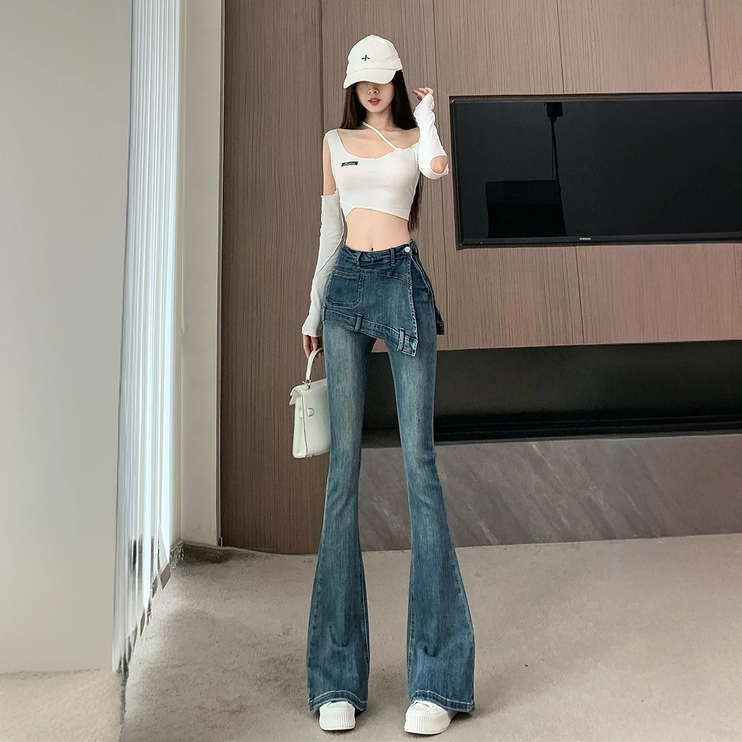 2025春秋高腰修身显瘦拖地裤美式辣妹复古蓝假两件微喇叭牛仔裤裙