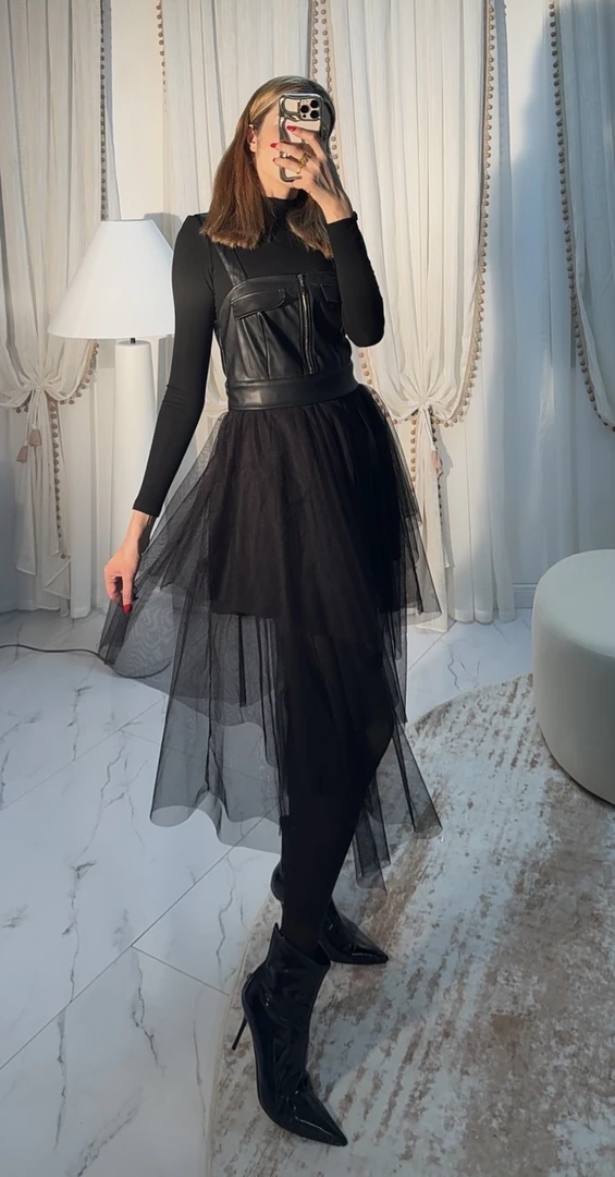 GIFLONA 皮网纱连衣裙 气质