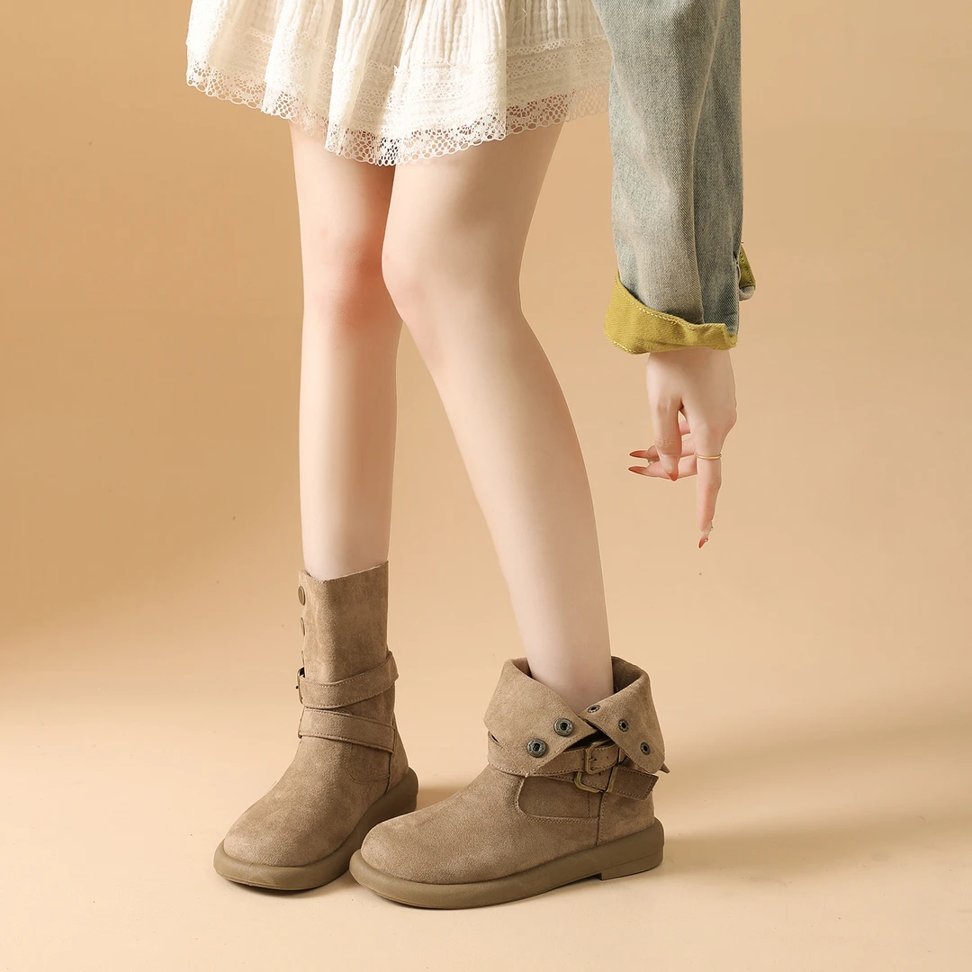 羊皮版复古皮带扣勃肯中筒靴女2025新款休闲翻面两穿马丁短靴子34
