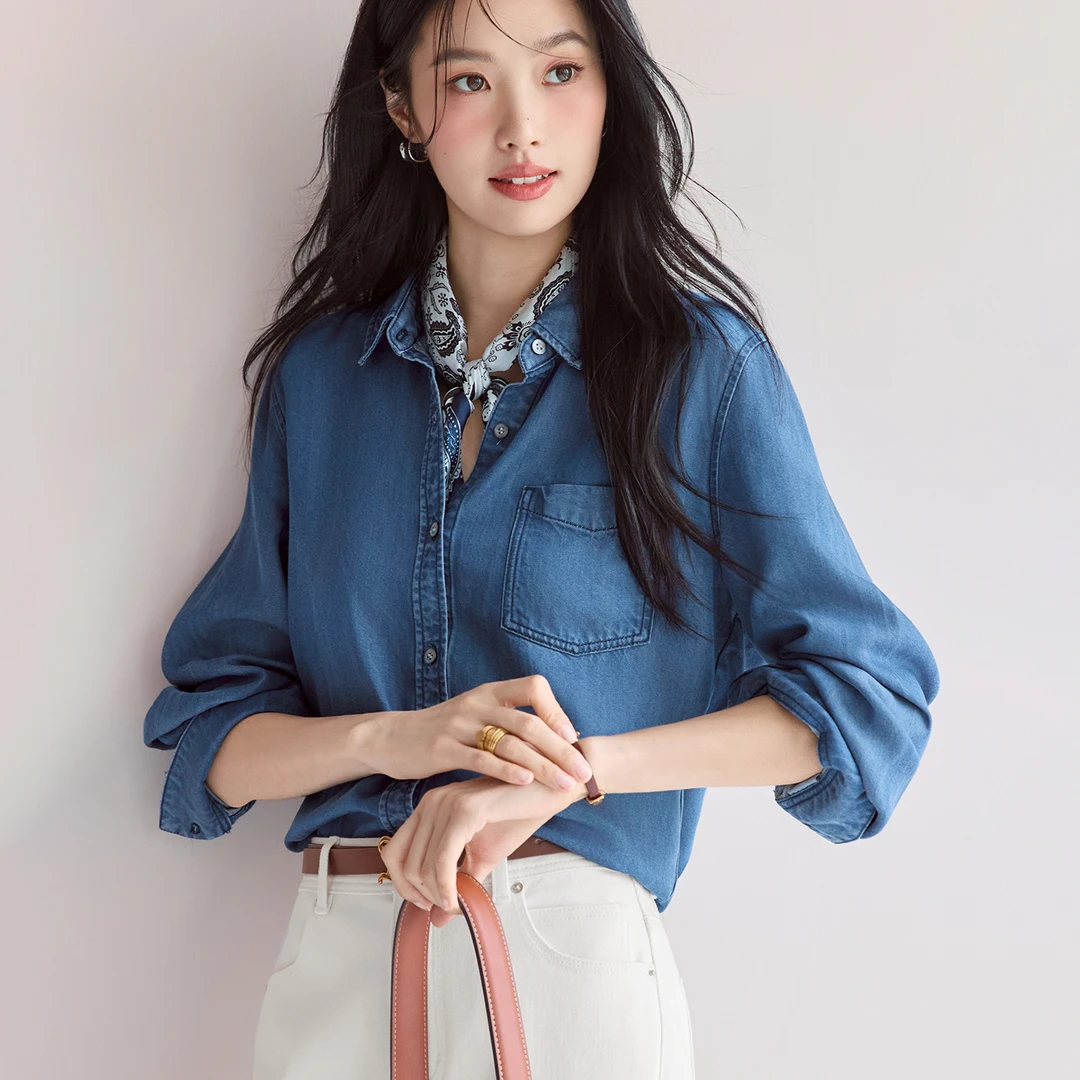 伊芙丽天丝凉感无弹薄款百搭牛仔衬衫女2025夏季新款1G7922321