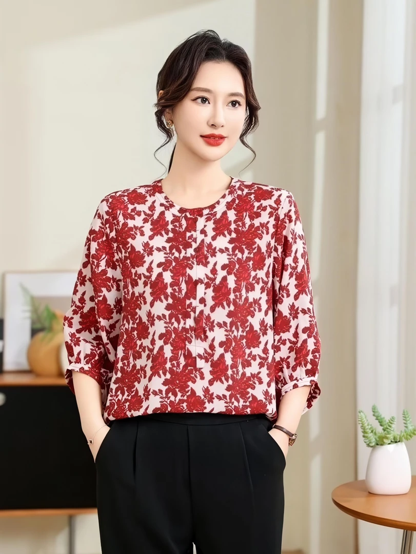 印花七分袖碎花真丝花色圆领母亲节洋气时尚衬衫夏季长袖中袖显瘦