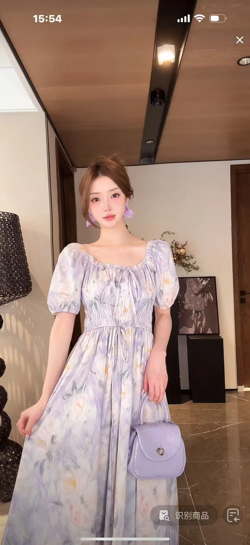 馨儿专属【椰风海韵】度假风荷叶边印花一字肩收腰连衣裙XS40933