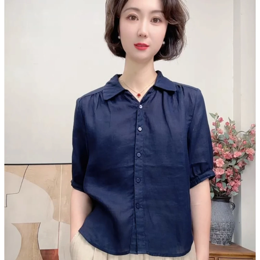 2025夏款纯色翻领苎麻衬衫女休闲百搭宽松显瘦衬衣上衣