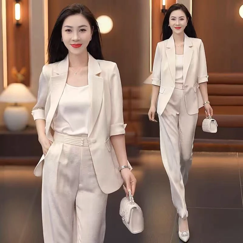 垂感阔腿裤西服套装女夏2025春季新款气质高级感缎面西服三件套