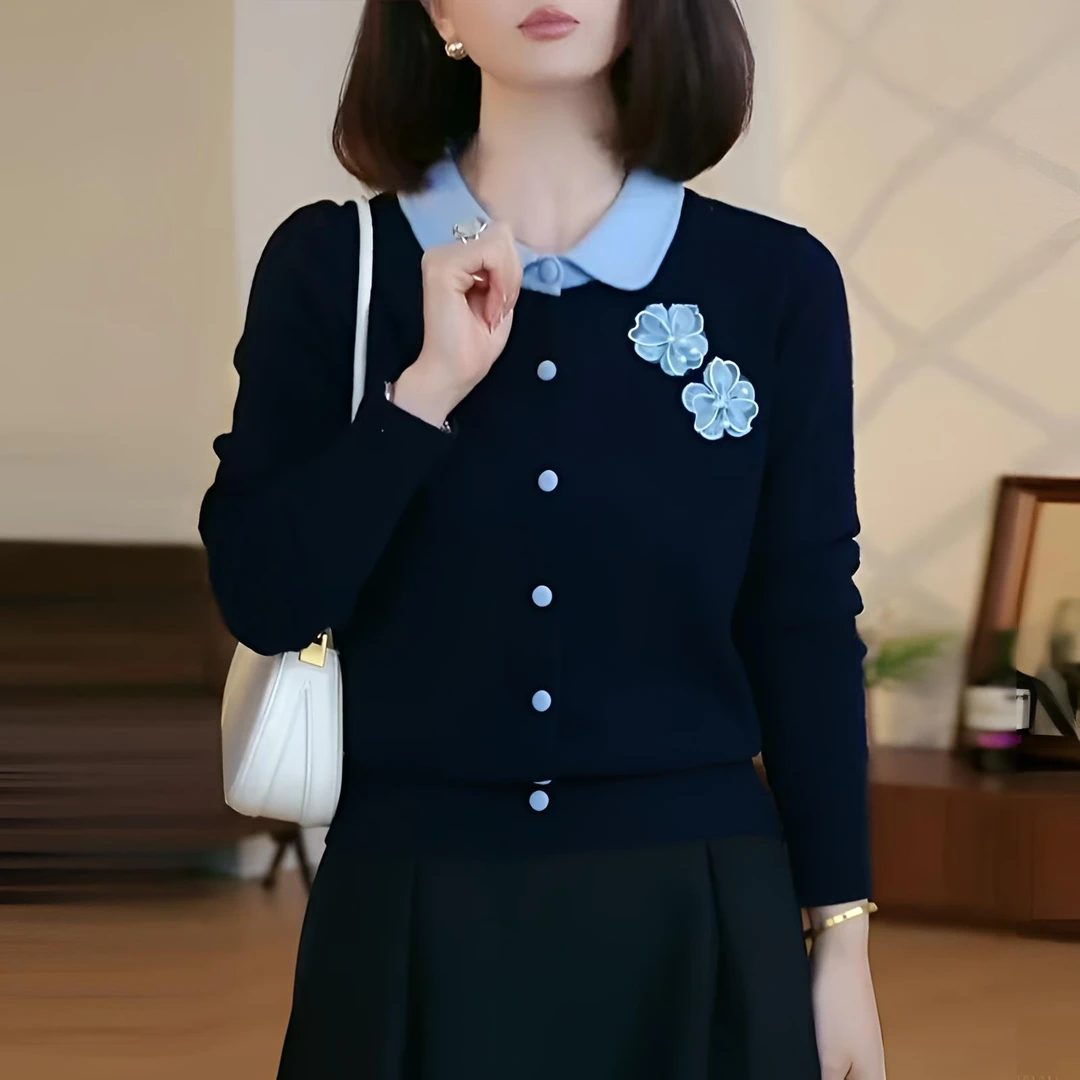 刺绣花朵翻领藏青色女士针织衫开衫外套毛衣外穿气质显瘦秋冬新款