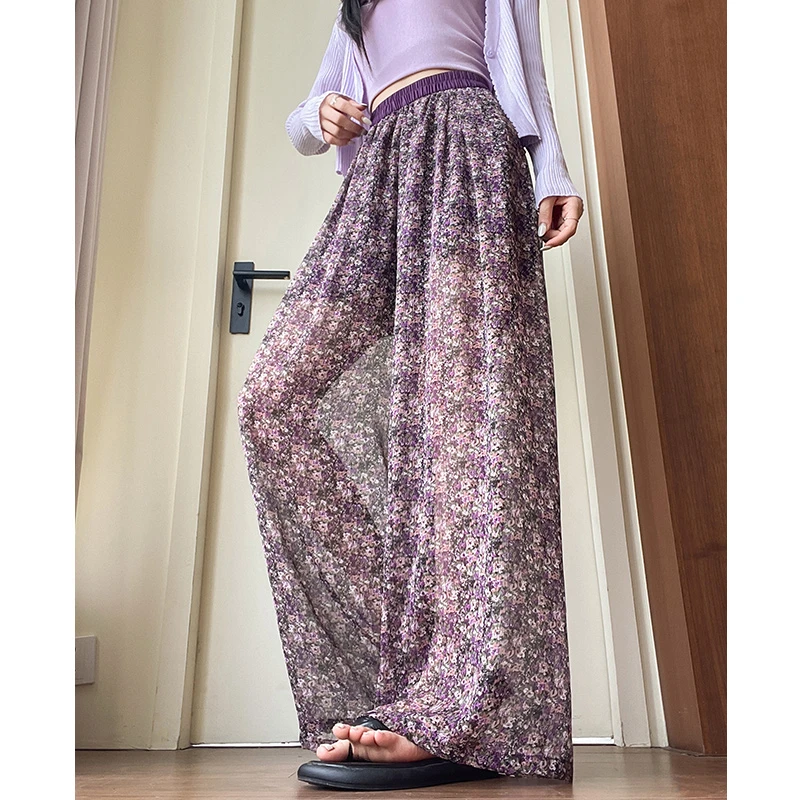 韩系百搭洋气阔腿裤女夏季薄款2025新款飘逸高级感显瘦印花长裤子