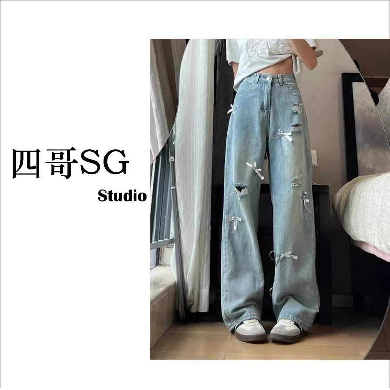 四哥SG~浅蓝烫银蝴蝶结设计感磨破阔腿牛仔裤女2025夏季新款裤子