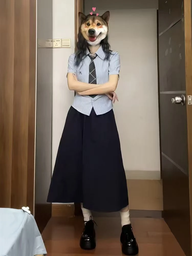 学院温柔风多巴胺蓝色条纹修身短袖衬衫泡泡袖上衣女泰式校服