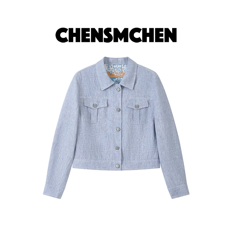 CHENSMCHEN100亚麻简约短款翻领外套女时尚休闲显瘦上衣CSW7643YW