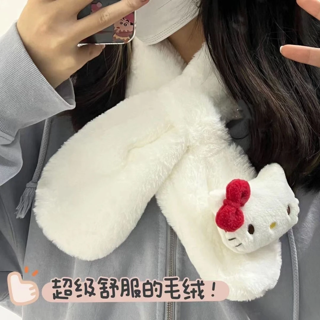 日系三丽鸥双层加厚交叉防寒围脖学生百搭毛绒少女心软妹围巾合集