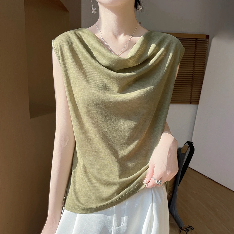 莱赛尔荡领无袖T恤女士超薄亲肤大圆领衫小众打底衫薄款辣妹风