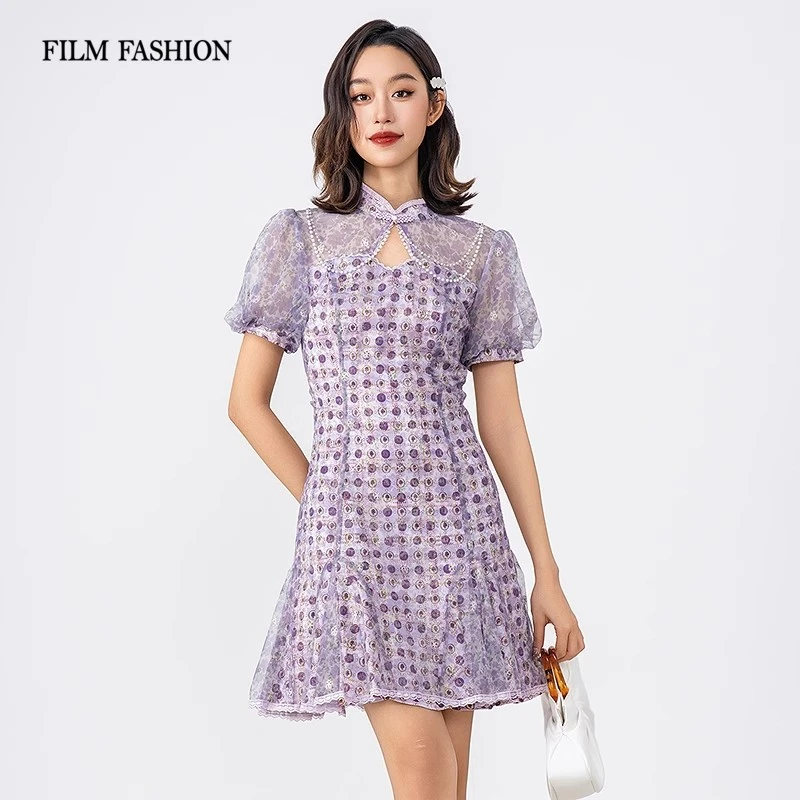 一电影一时装紫色轻薄改良旗袍连衣裙FFEL8111011