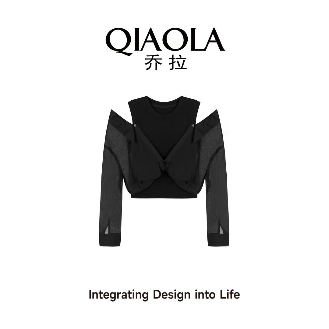 QIAOLA/乔拉【暗影朋克】夏季针织拼接假两件设计感时尚百搭上衣