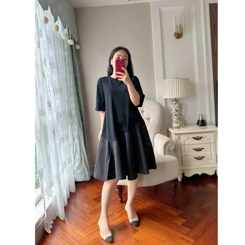 【若衣】法式优雅针织棉拼接不对称设计感下摆休闲连衣裙250301