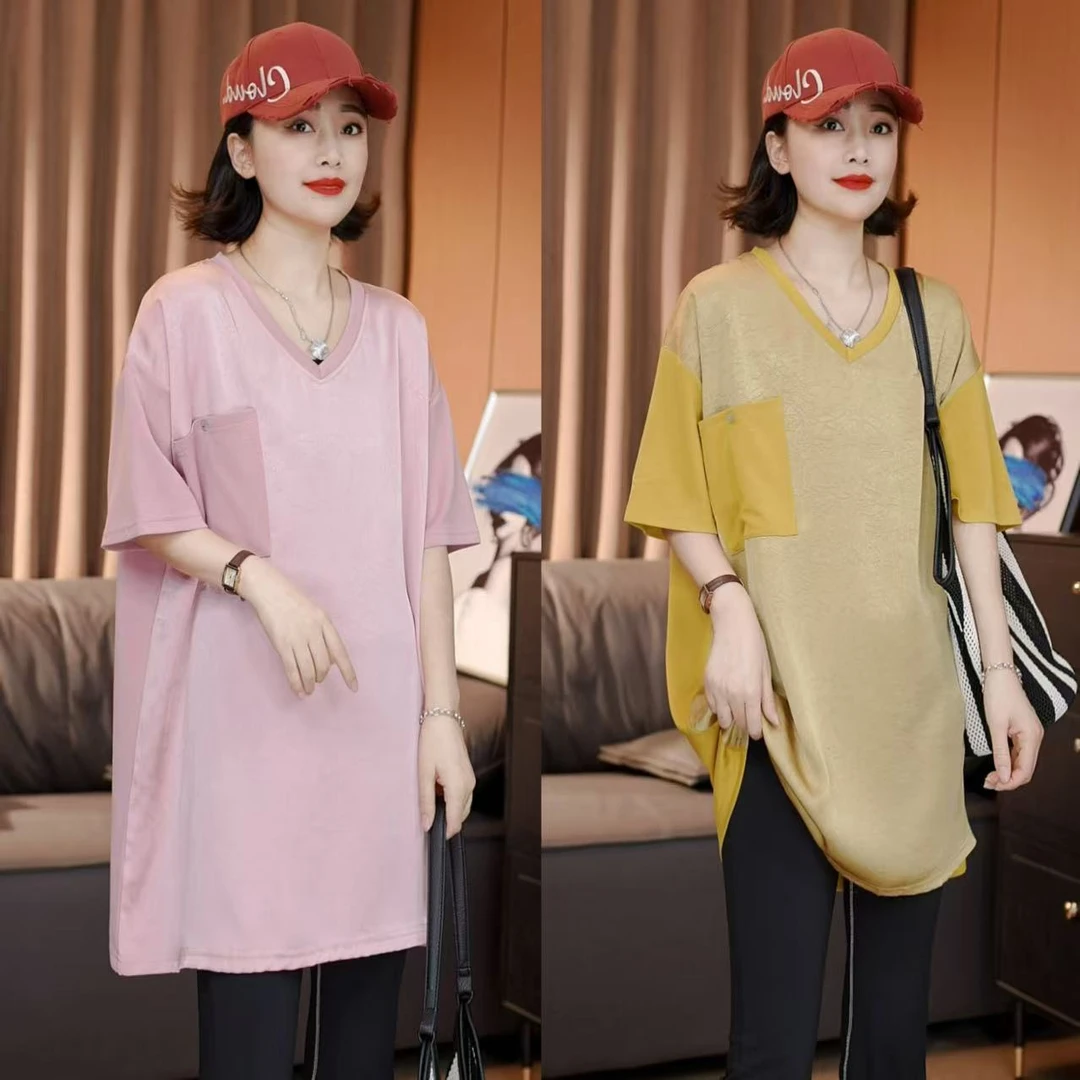 夏季缎面拼接V领口袋短袖百搭纯色T恤气质显瘦宽松时尚休闲上衣