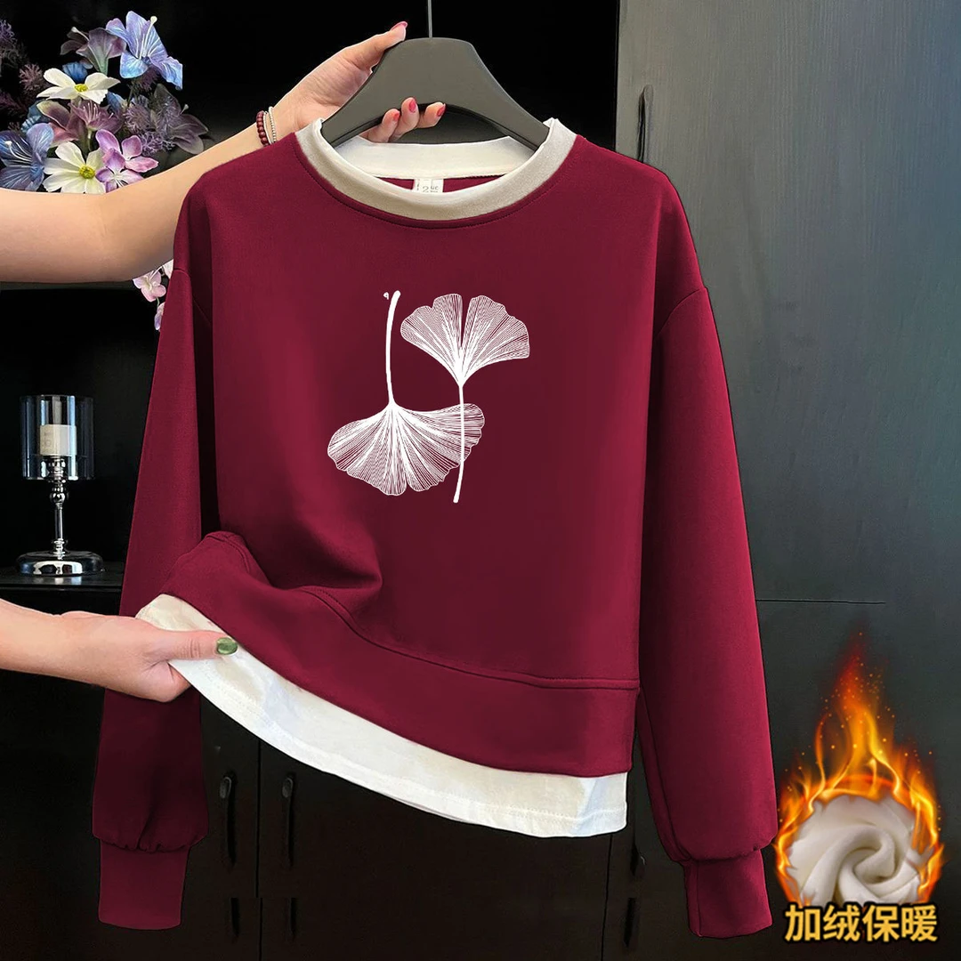 女士圆领2025华棉撞色加绒加厚保暖高级感拼接秋冬假两件卫衣胖mm