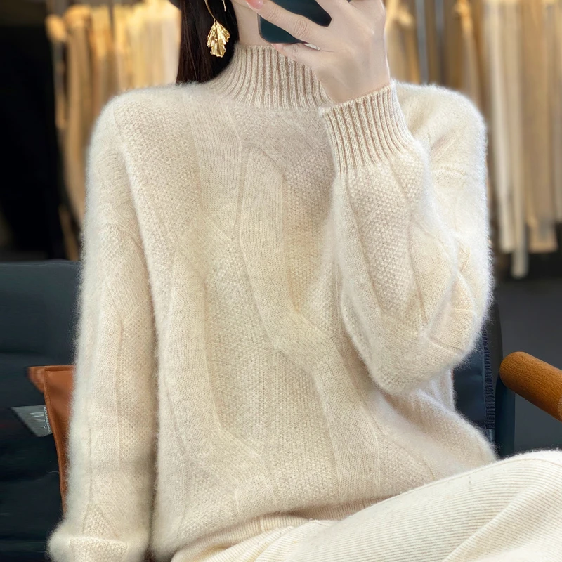 羊毛衫女士半高领加厚套头毛衣100%纯羊毛休闲百搭针织打底衫秋冬