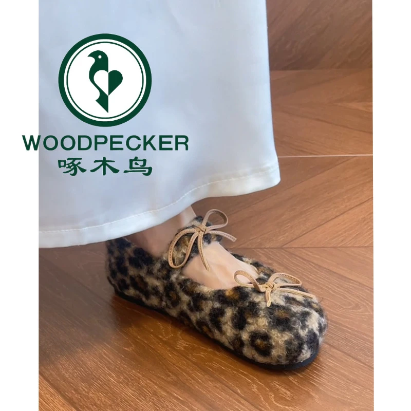 啄木鸟法式复古玛丽珍棉鞋女圆头甜美蝴蝶结加绒毛毛鞋平底豆豆鞋