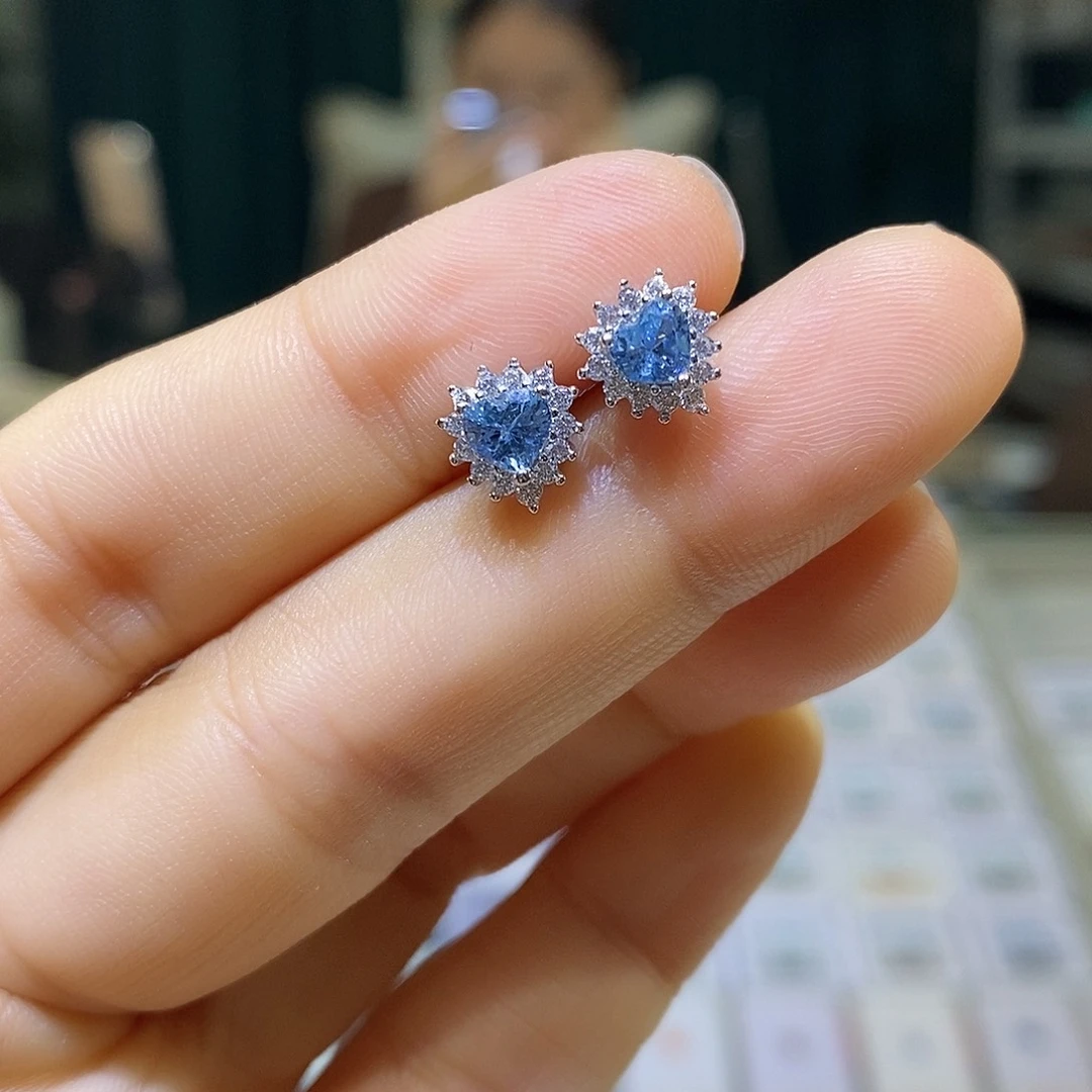 海蓝宝石耳饰银S925镶嵌天然海蓝宝