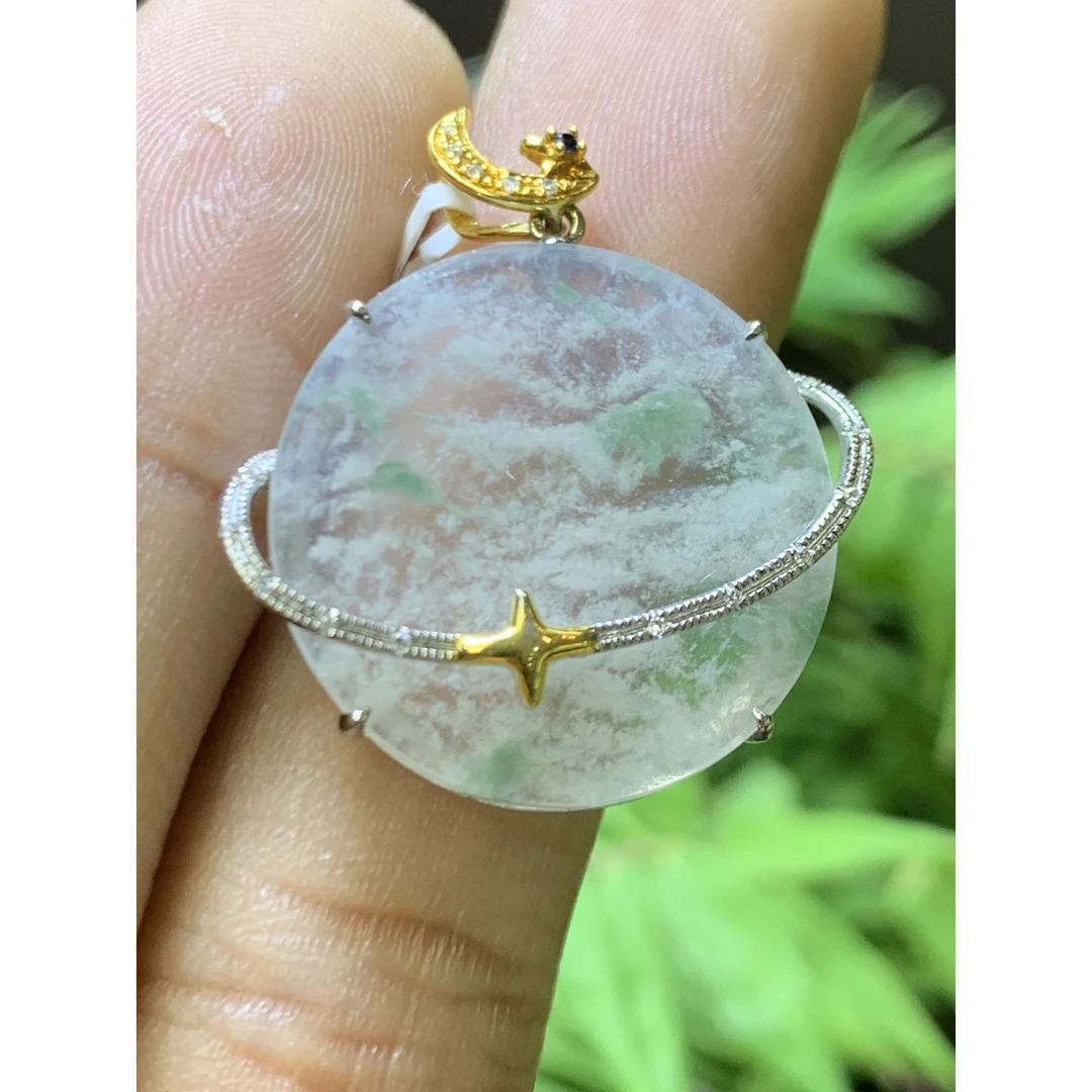 雪花棉绿飘花吊坠 天然翡翠A货裸石：20.2mmH祥2.15