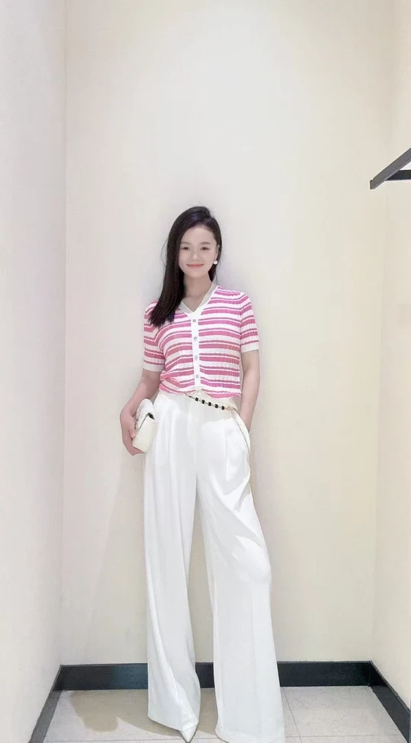 木槿粉冰丝条纹针织