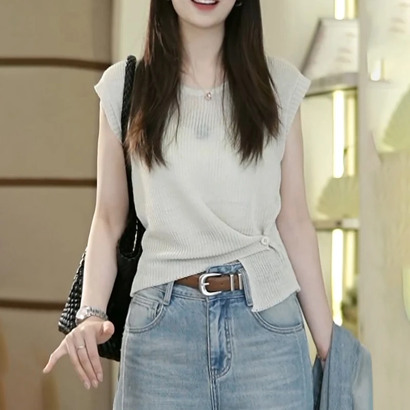 设计感下摆侧扣针织短袖女2025新款洋气减龄小个子漂亮t恤上衣服