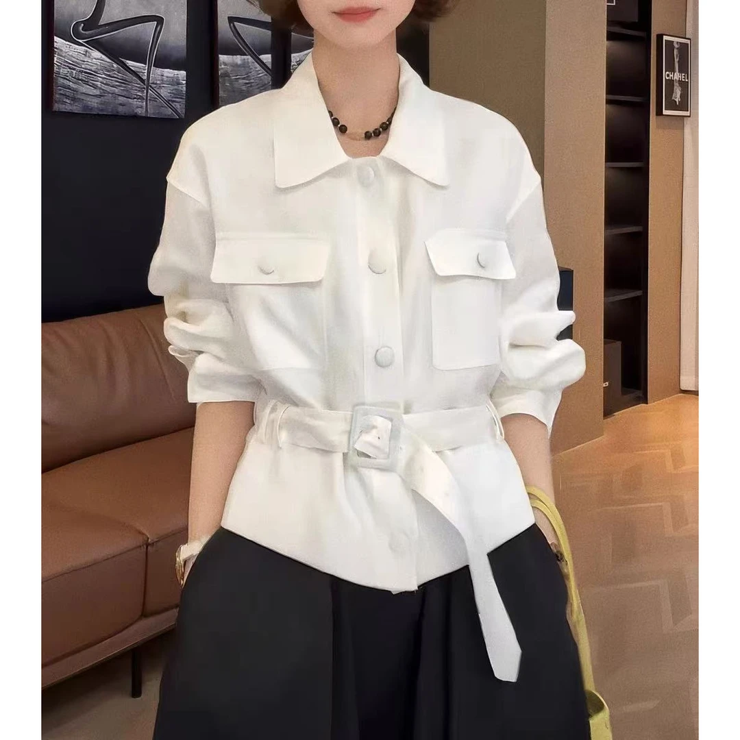 时尚Polo领腰带收腰显瘦百搭长袖衬衫外套套装QG0164