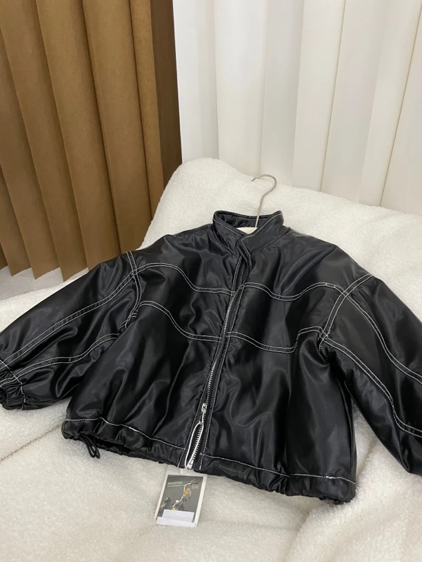 【花】明线黑色夹棉皮外套 8037