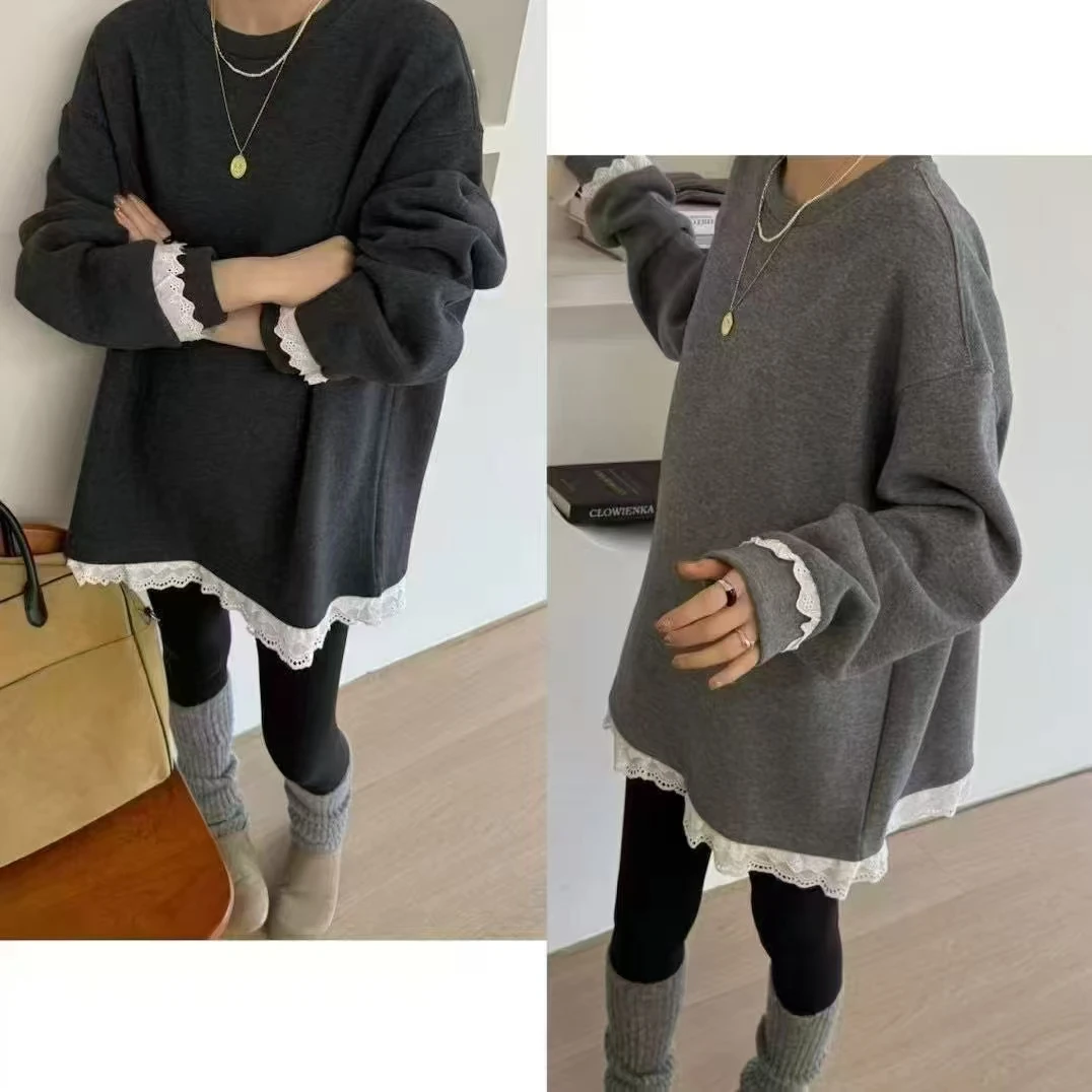 2024秋冬新款直筒中长款宽松蕾丝拼接假两件设计感加绒卫衣24182