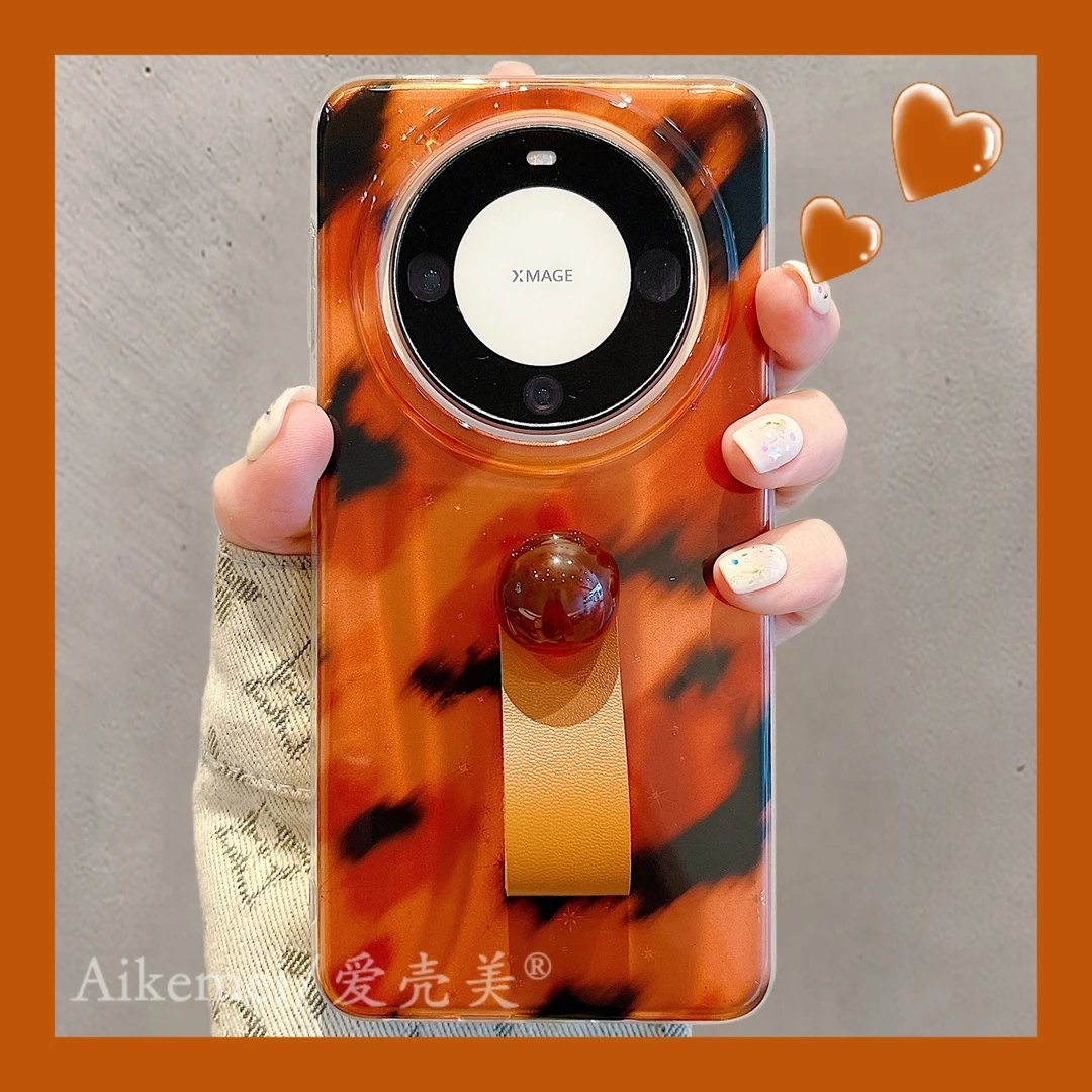 适用华为mate70pro+手机壳高级感棕色Mate60pro+豹纹立体皮环扣女