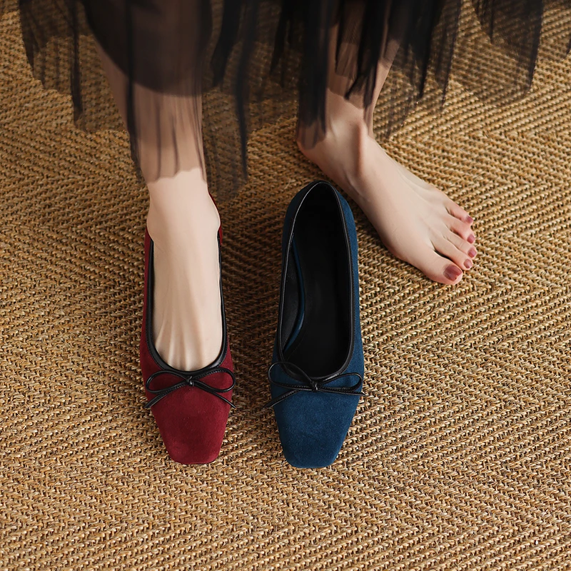 3.5CM，羊皮浅口蝴蝶结方头皮鞋韩版女单鞋春秋温柔粗跟时尚通勤鞋