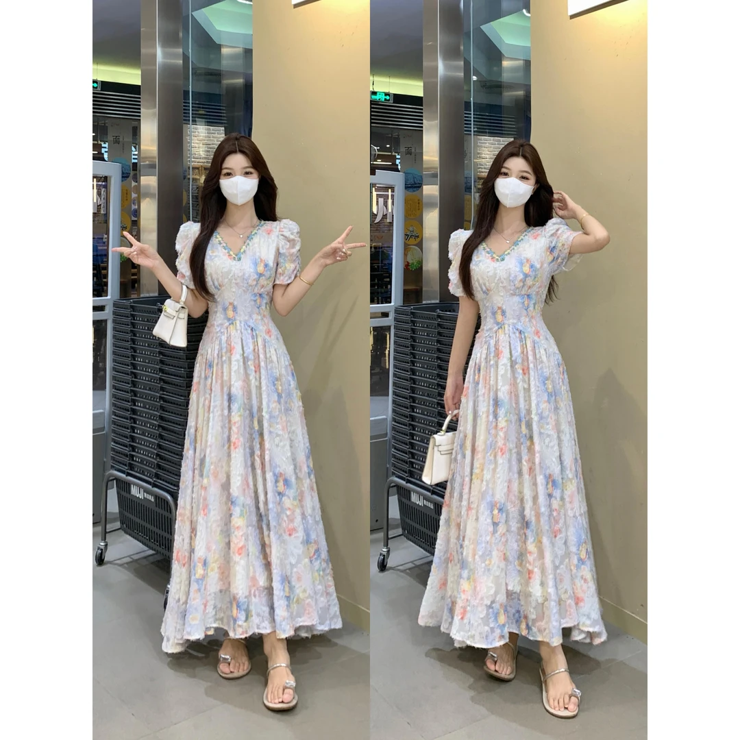 法式甜美风碎花连衣裙高腰显瘦胖mm夏季新款绝美仙女长裙子女