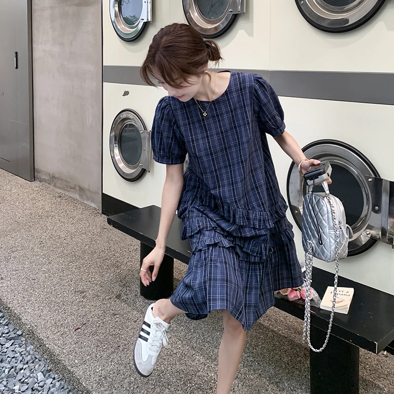 复古格纹连衣裙女夏季小个子今年流行爆款木耳边女生韩系ins衣服