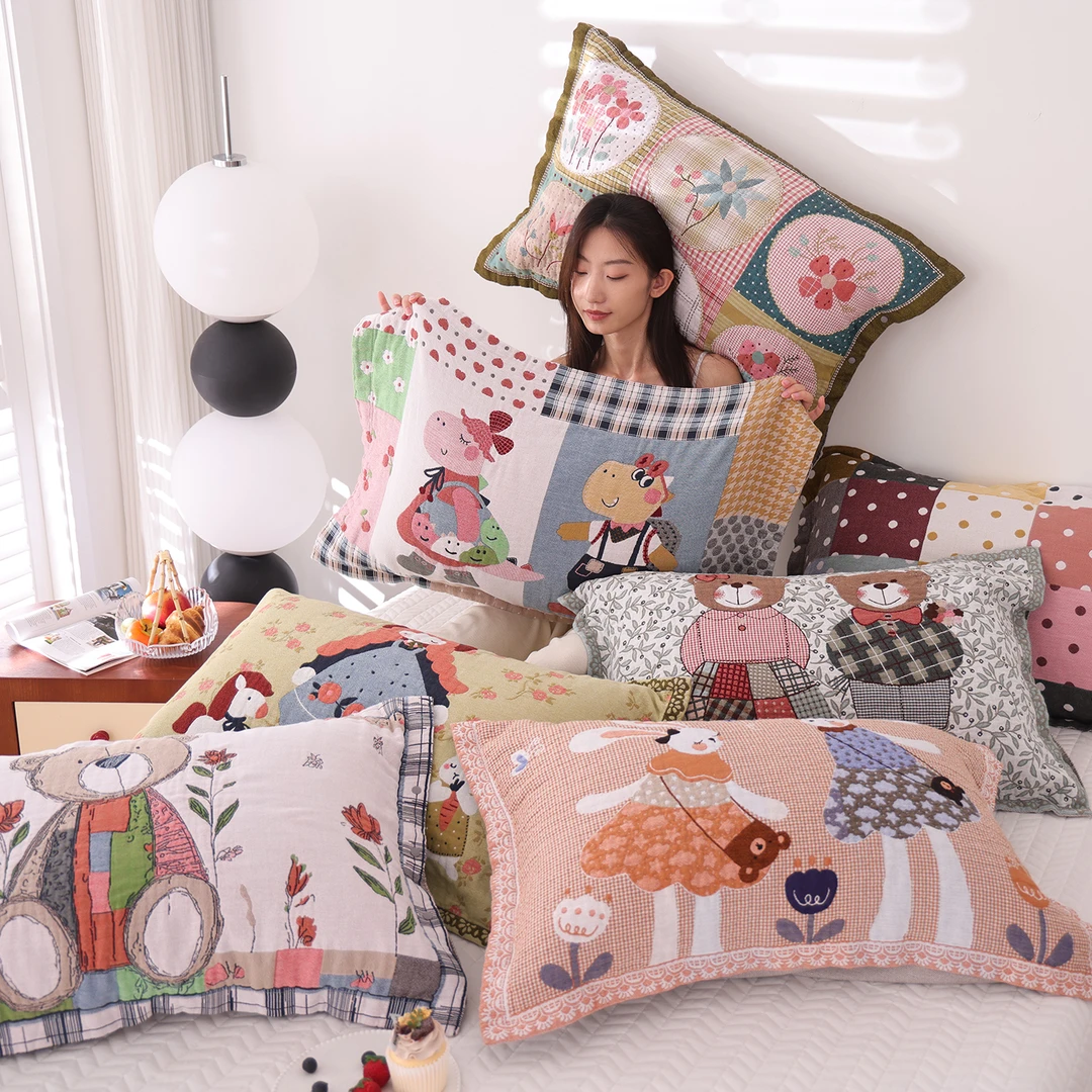 100%纯棉纱布按扣式枕套一对装2025新款全棉枕头套卡通透气枕芯套