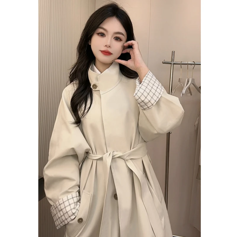 【24103】休闲格子翻袖立领中长款风衣外套女